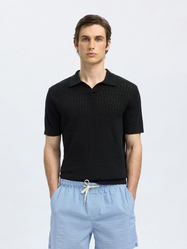 SELECTED - CROCHET STYLE KNITTED POLO SHIRT - black - Polo_SELECTED - Aritmetik - montreal