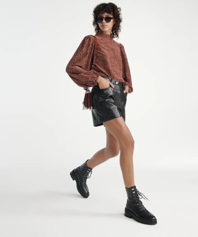 BLACK LEATHER SHORTS WITH CUFFS AND BELT-Shorts_The Kooples-Aritmetik-montreal