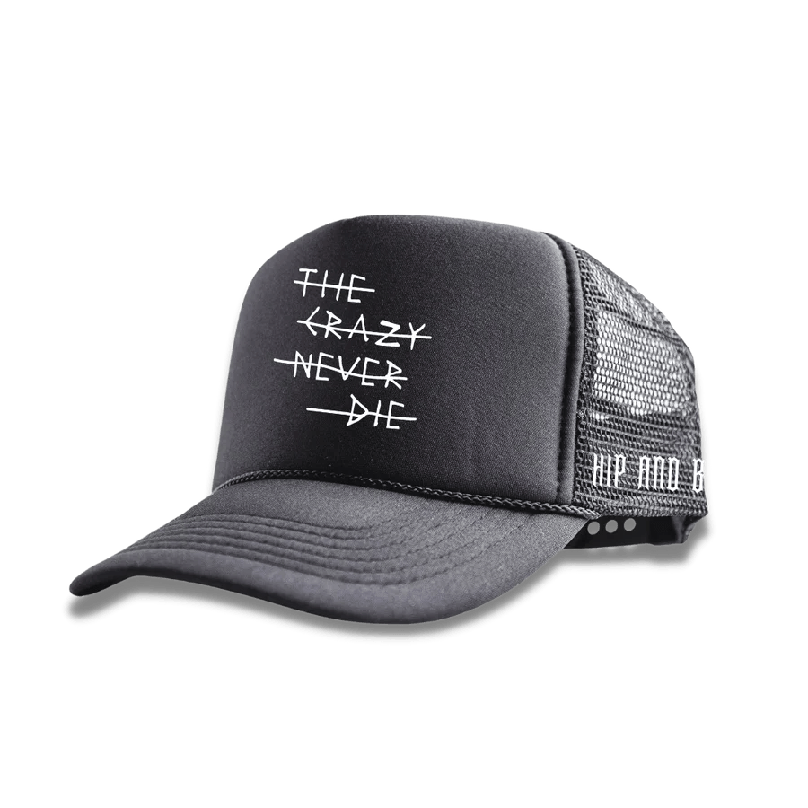 THE CRAZY NEVER DIE TRUCKER HATS BLACK-CAPS_HIP & BONE-Aritmetik-montreal