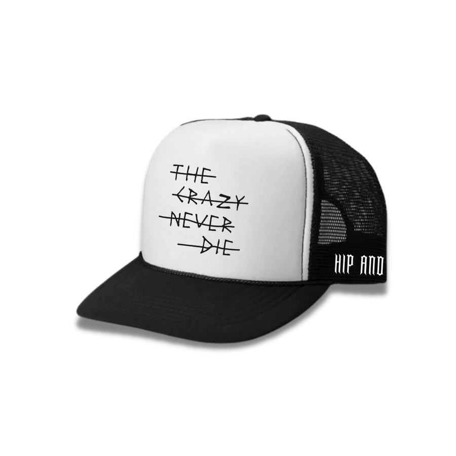 THE CRAZY NEVER DIE TRUCKER HATS WHITE-CAPS_HIP & BONE-Aritmetik-montreal